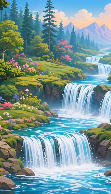 Обои фэнтези: долина, ручей, водопад, цветы