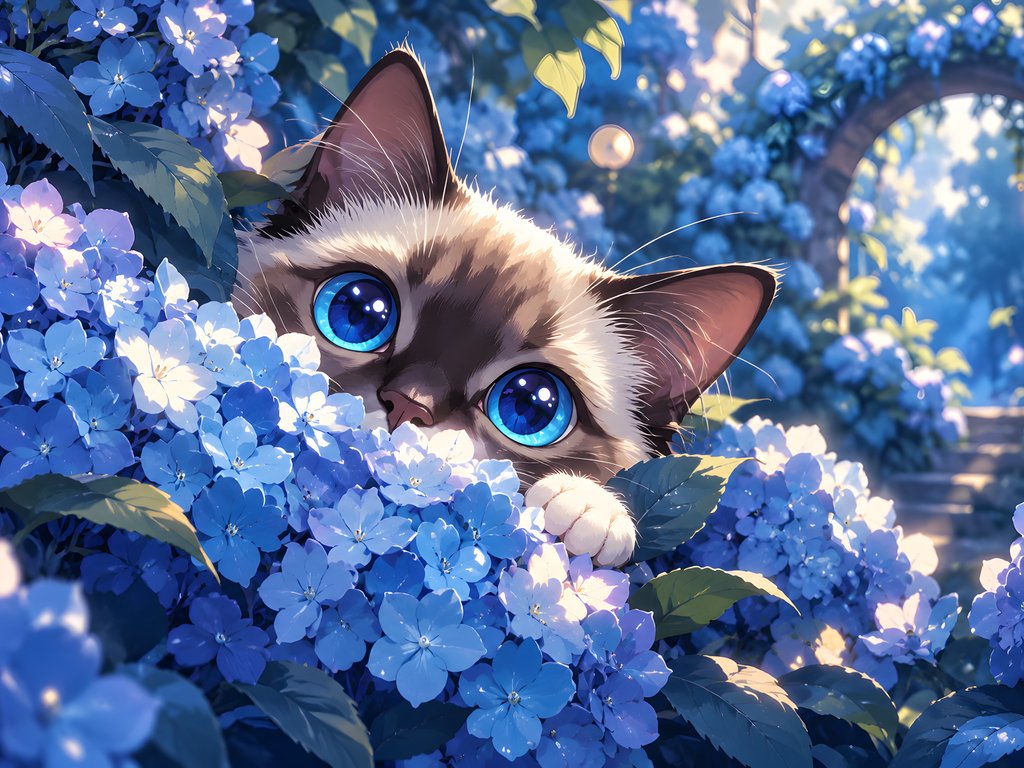 Blue-Eyed Kitten Among Hydrangeas - XVGA wallpapers in 1024x768 resolution