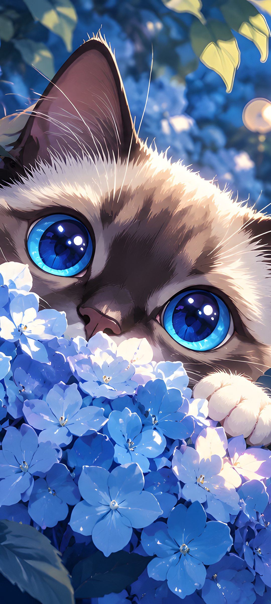 Blue-Eyed Kitten Among Hydrangeas - Wallpapers for Samsung Galaxy M55, POCO M4/X4/X5, Xiaomi Redmi 12/13/Note 13/Note 14/Note 14S in 1080x2400 resolution