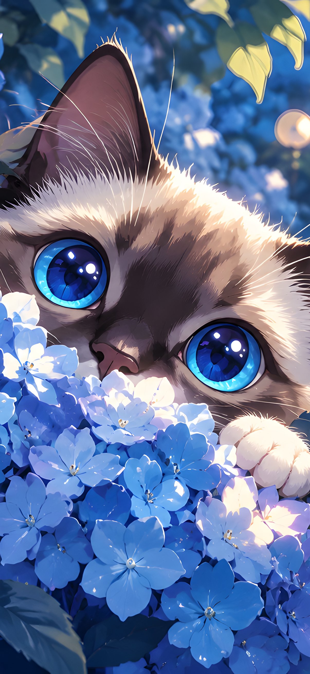 Blue-Eyed Kitten Among Hydrangeas - Wallpapers for iPhone 18 Pro/18/17 Pro/17/16 Pro in 1206x2622 resolution