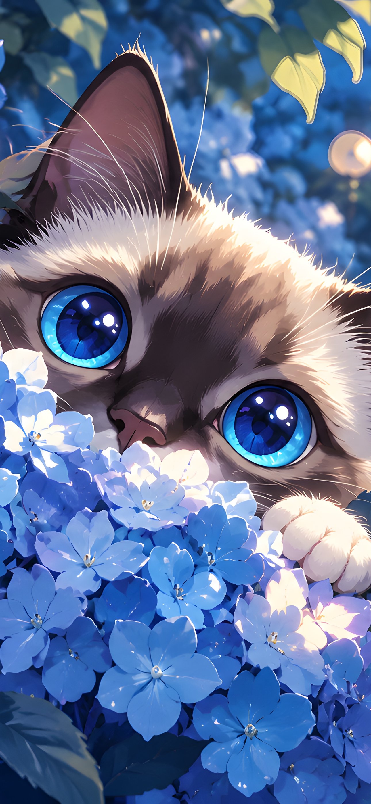 Blue-Eyed Kitten Among Hydrangeas - Wallpapers for iPhone 15 Pro Max/14 Pro Max in 1290x2796 resolution