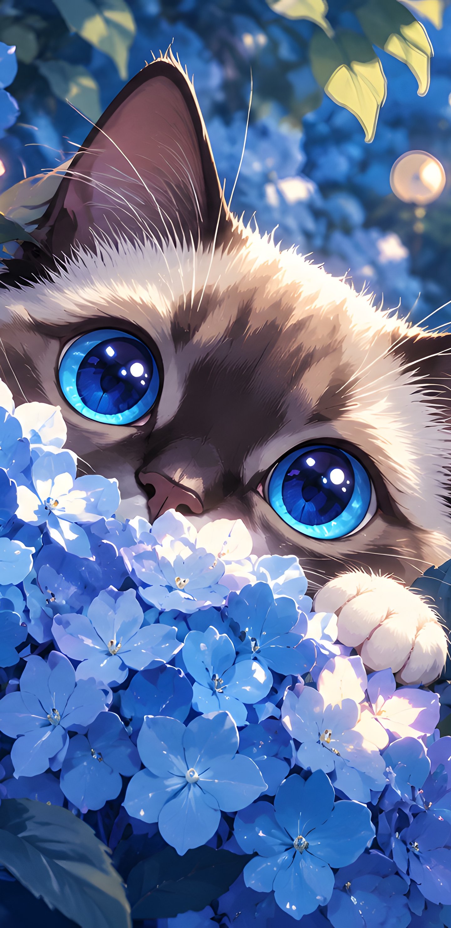 Blue-Eyed Kitten Among Hydrangeas - Wallpapers for Samsung Galaxy S8/S8+/Note 8/S9/S9+/Note 9 in 1440x2960 resolution