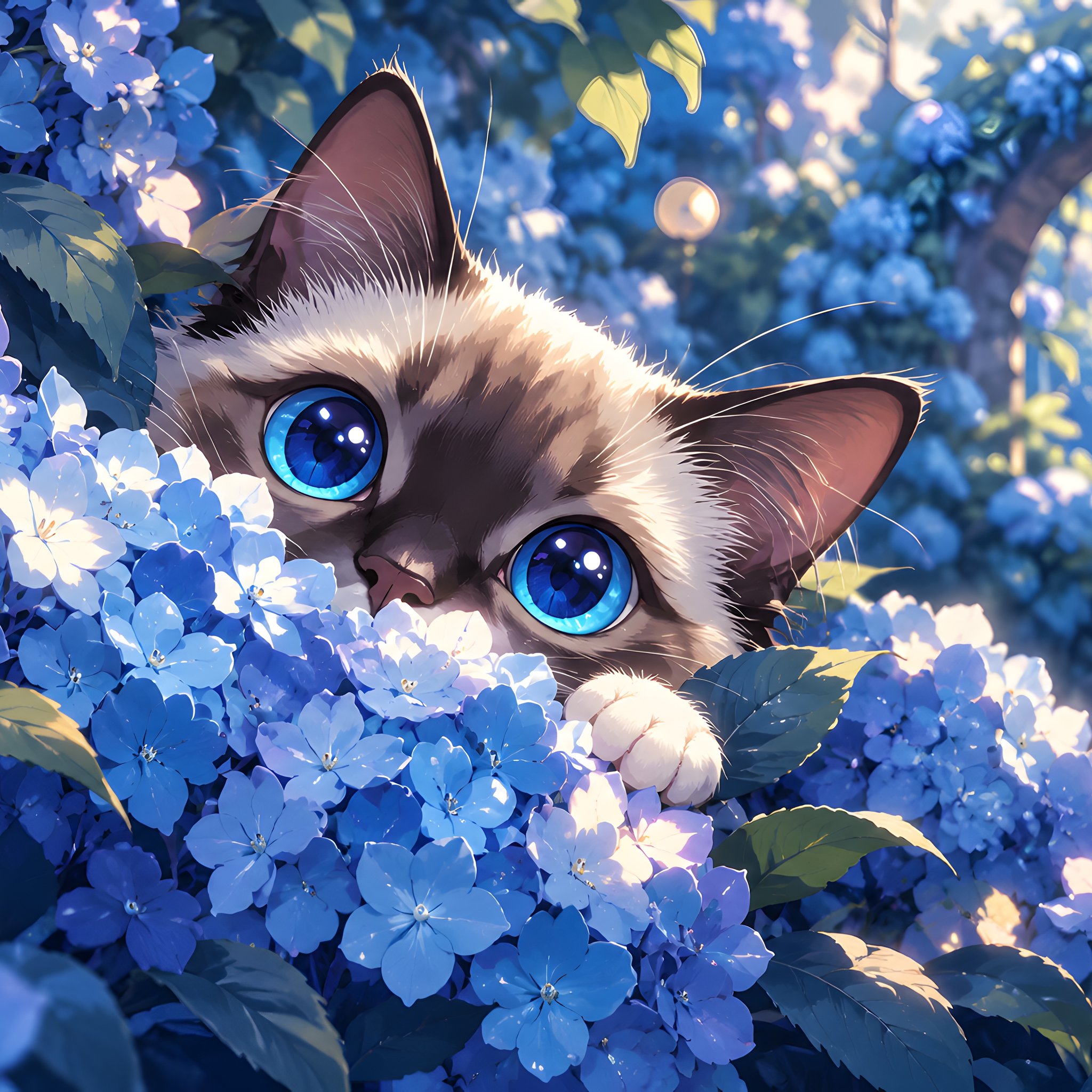 Blue-Eyed Kitten Among Hydrangeas - Wallpapers for iPad Retina in 2048x2048 resolution