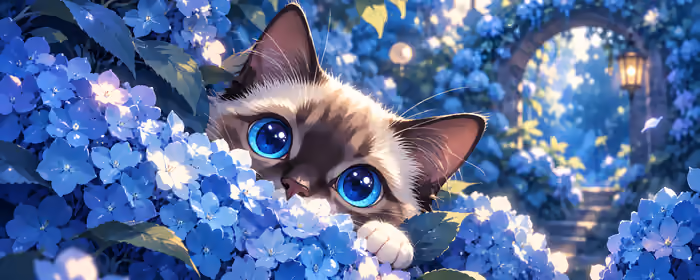 Dual Monitor Wallpapers Cute animals (7680x2160): hydrangea, kitten, blue eyes, garden