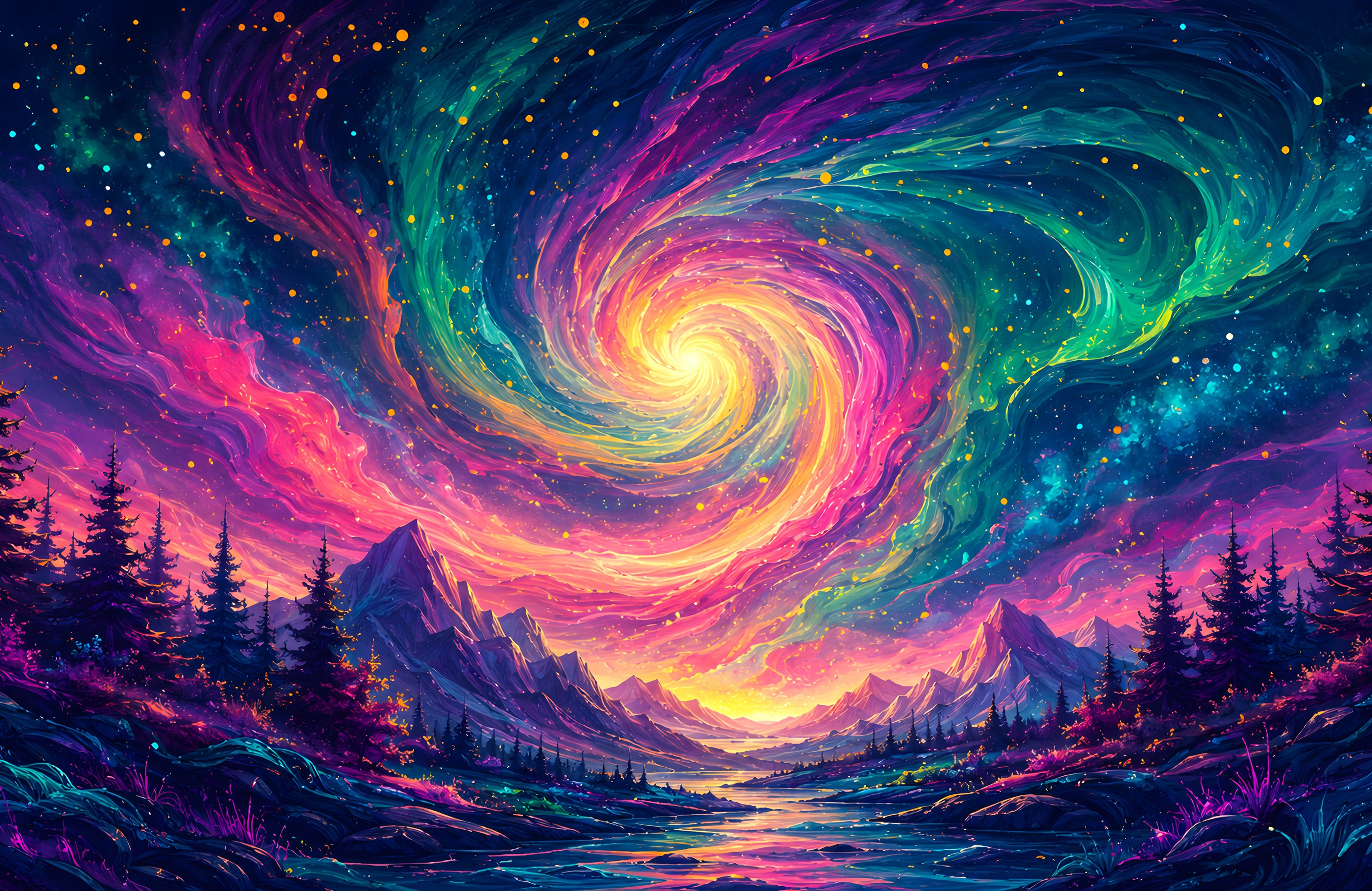 Aurora Over Mountains and River - Wallpapers for Apple MacBook 14.2″ in 3024x1964 resolution