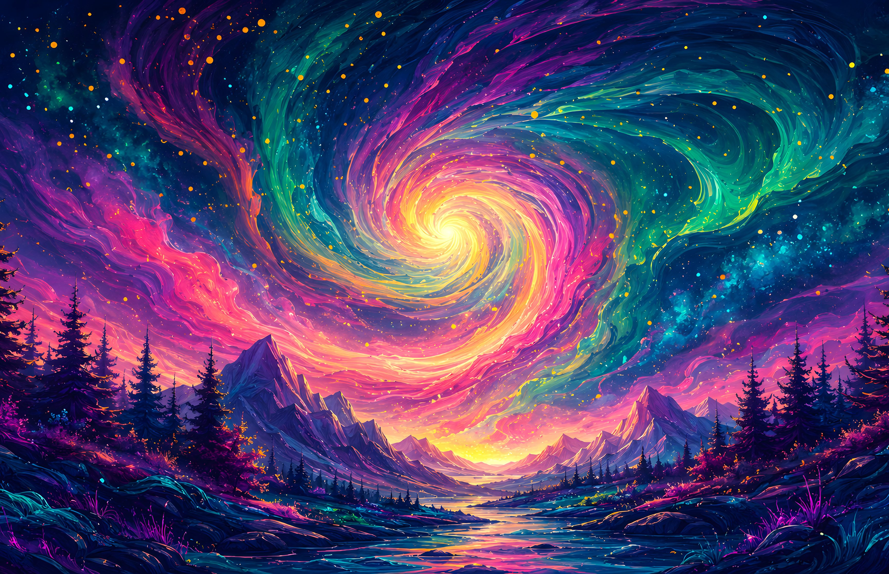 Aurora Over Mountains and River - Wallpapers for Apple MacBook 16.2″ in 3456x2234 resolution