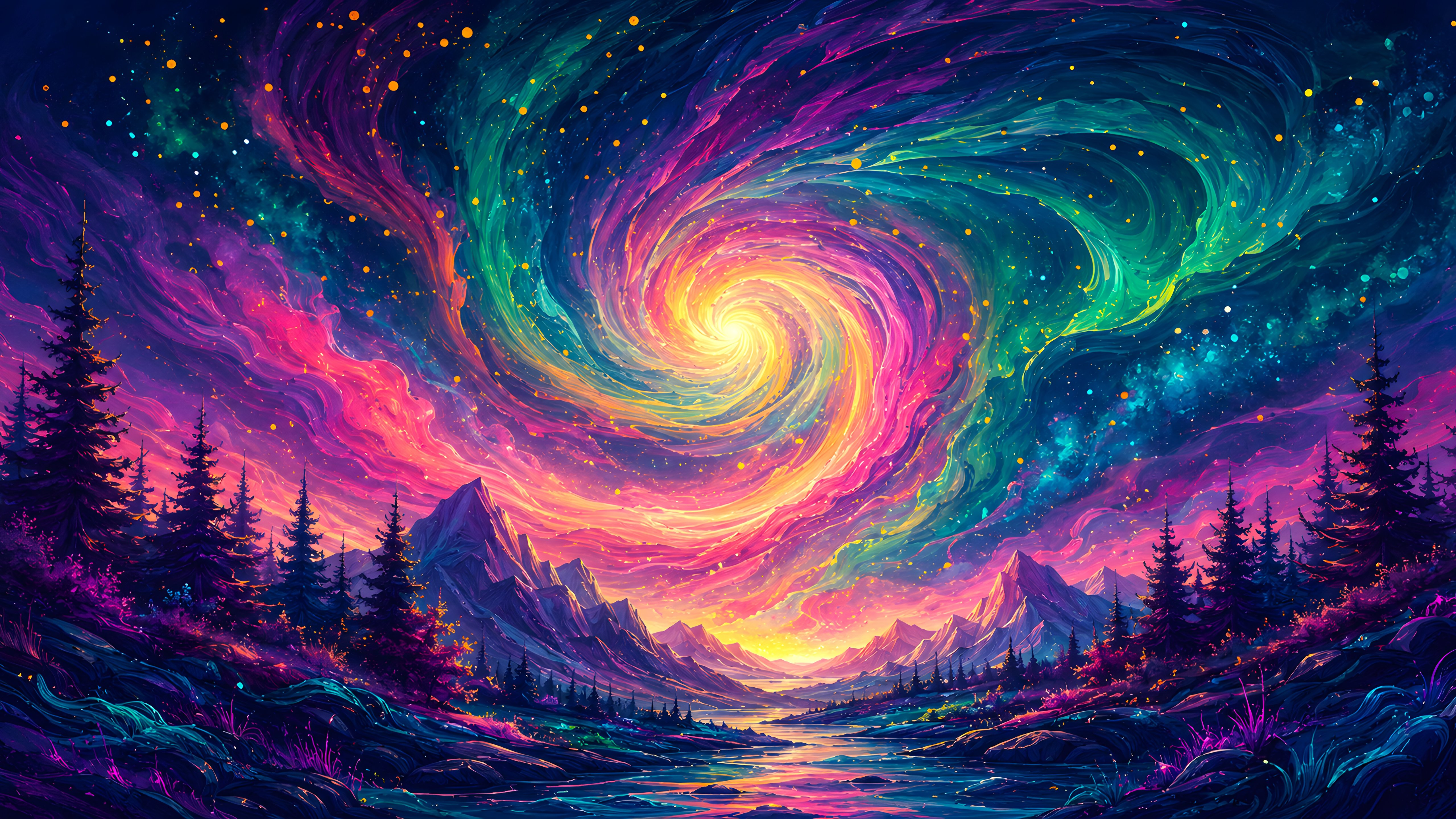 Aurora Over Mountains and River - 5K wallpapers in 5120x2880 resolution