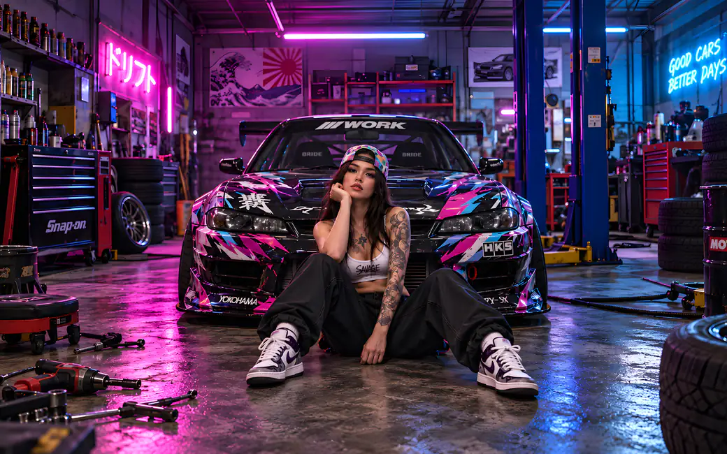 Девушка в мастерской у Nissan Silvia — обои на рабочий стол и телефон