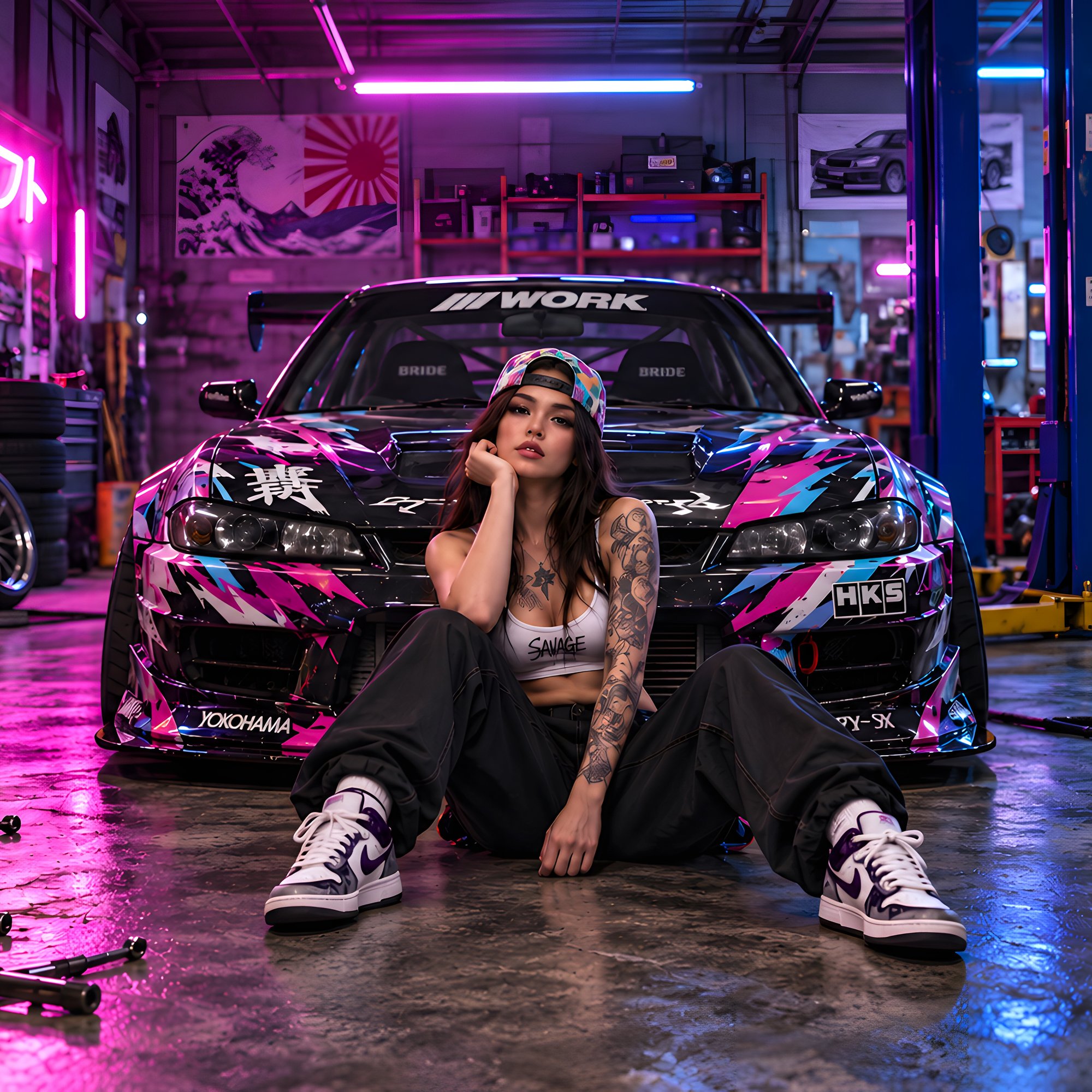 Девушка в мастерской у Nissan Silvia - Обои для Samsung/Xiaomi в разрешении 2000x2000