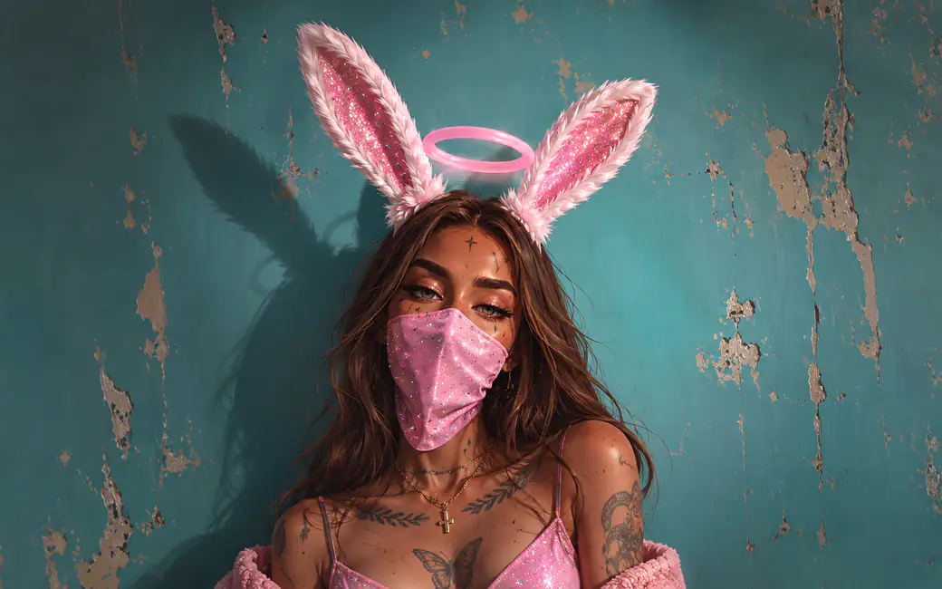 Altushki in a pink rabbit costume — desktop and phone wallpaper, free download