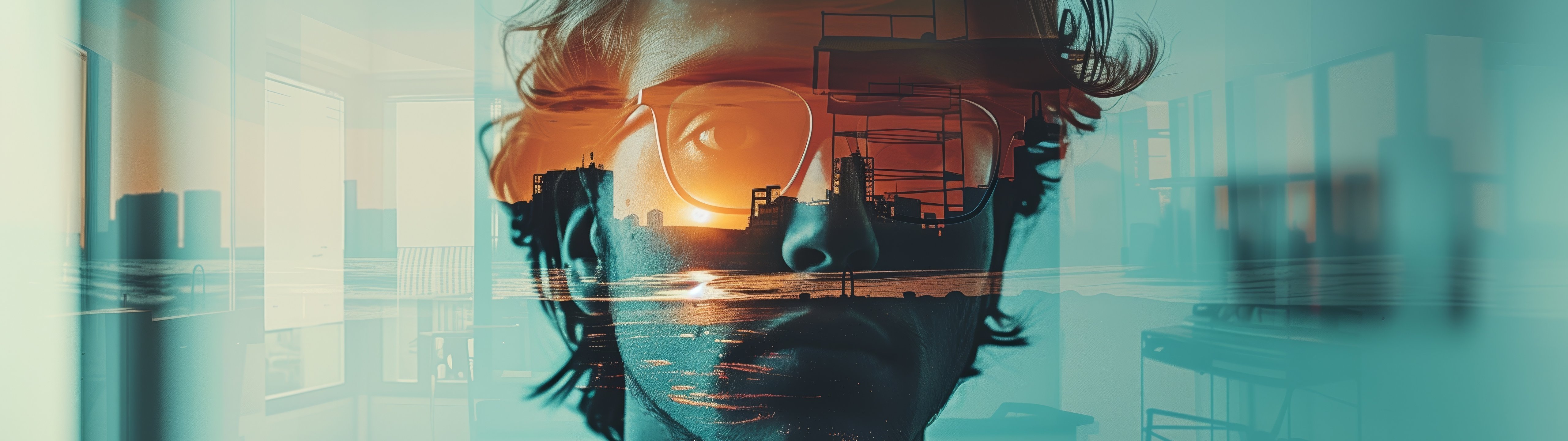 Mans face with sunset reflection - UltraWide 32:9 wallpapers in 5120x1440 resolution