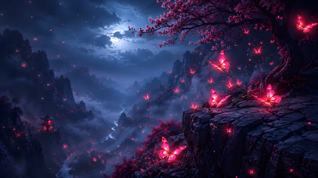Glowing Butterflies in Moonlight — desktop and phone wallpaper, free download