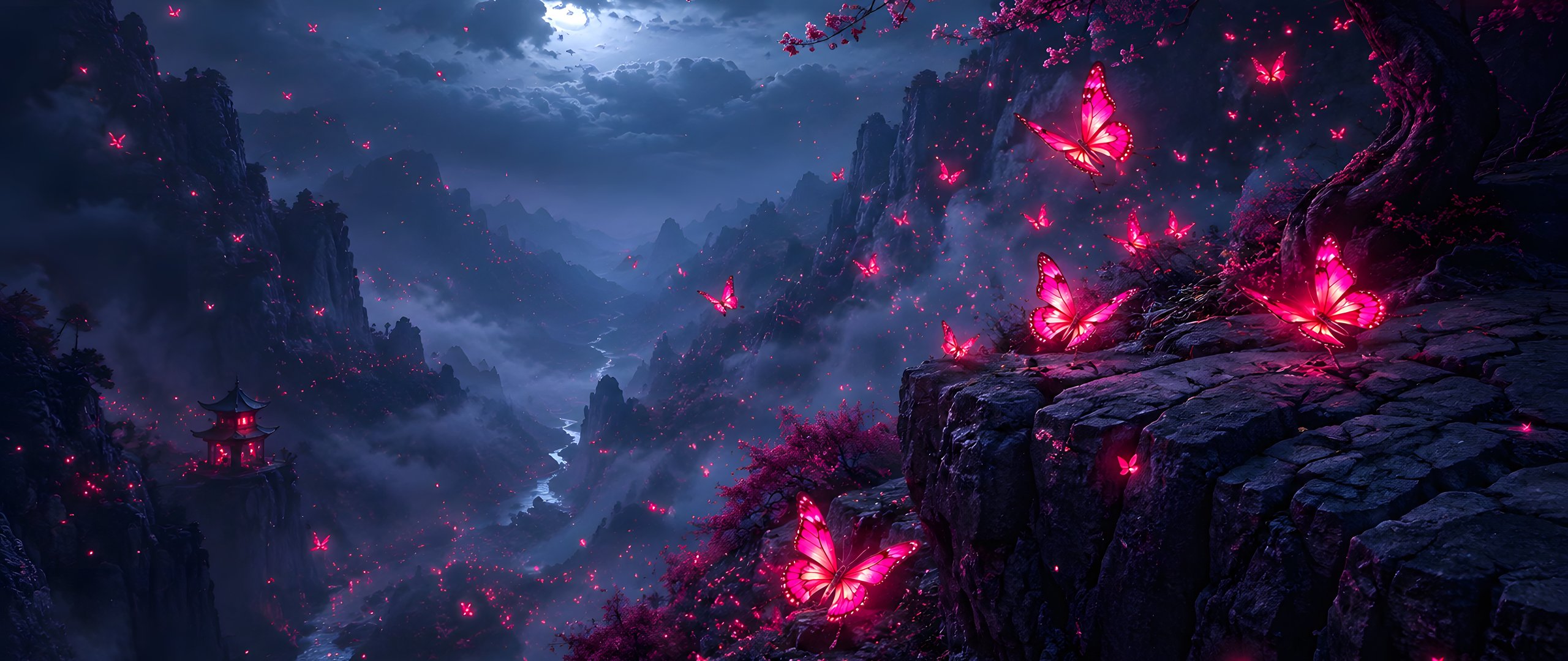 Glowing Butterflies in Moonlight - UltraWide 21:9 wallpapers in 2560x1080 resolution