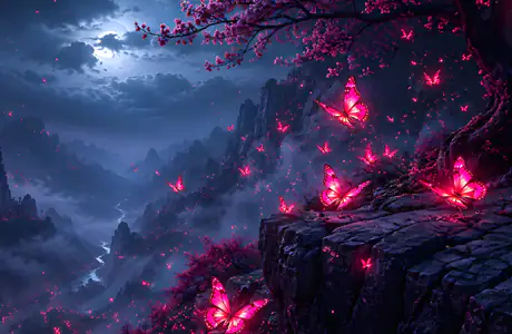Dual Monitor Wallpapers Fantasy (7680x2160): butterfly, Moon, mountains, moonlight