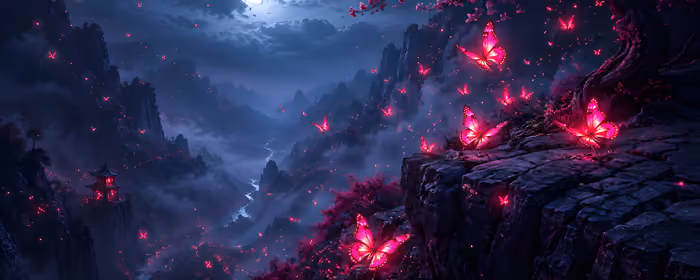 UltraWide 21:9 обои магия (2560x1080): бабочка, Луна, горы, лунный свет
