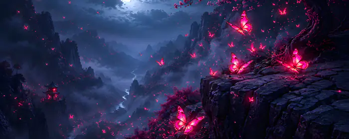 UltraWide 32:9 обои сияние (3840x1080): бабочка, Луна, горы, лунный свет