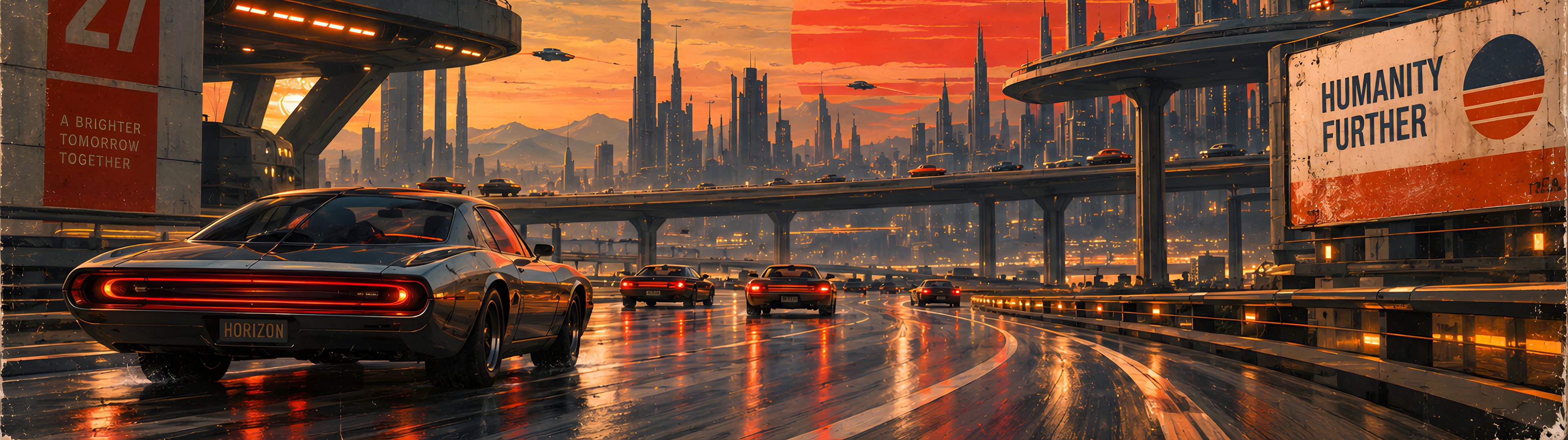 Ретрофутуристическая панорама города - UltraWide 32:9 обои в разрешении 3840x1080