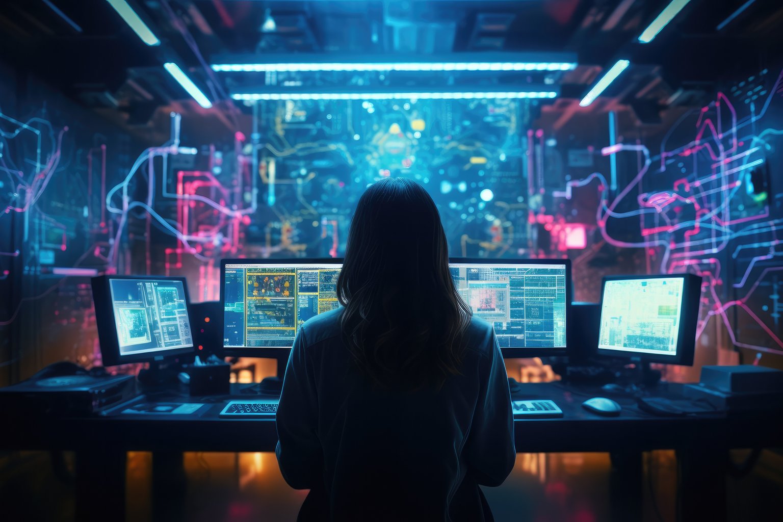 Hacker working with multiple screens - Microsoft Surface 12.4″ wallpapers in 1536x1024 resolution