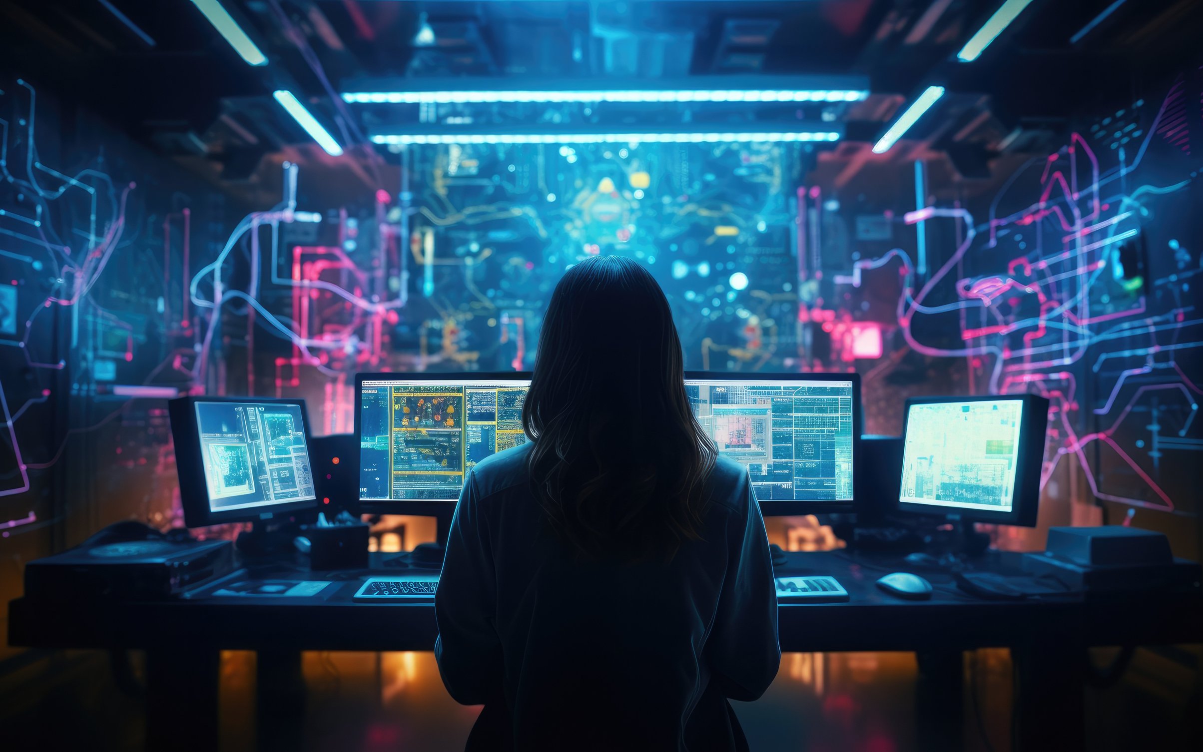 Hacker working with multiple screens - Wallpapers for MacBook Neo in 2408x1506 resolution