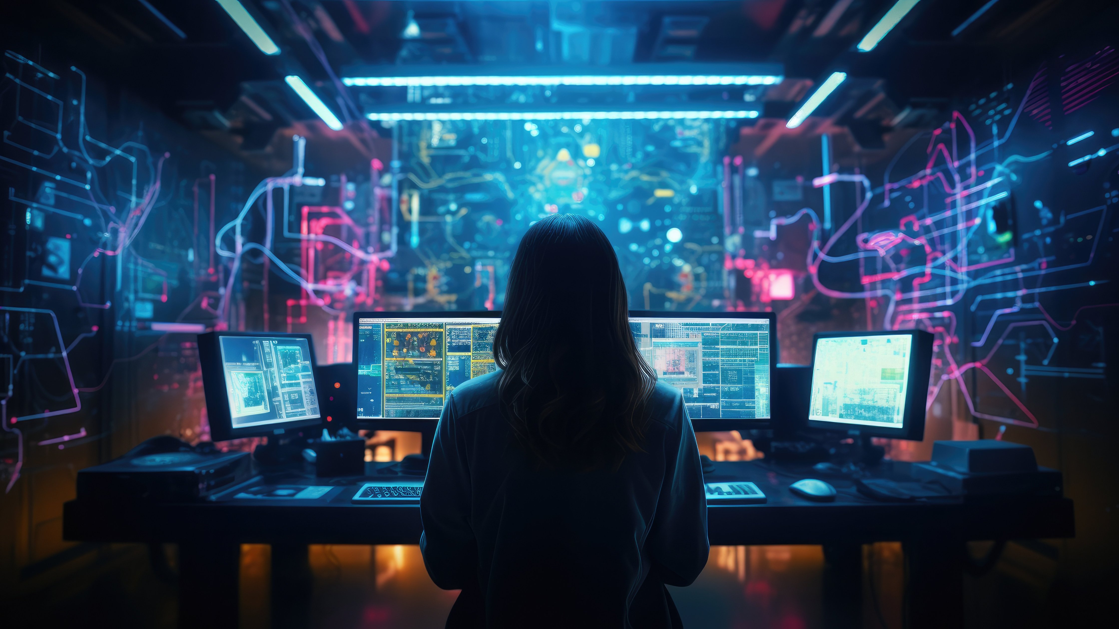 Hacker working with multiple screens - Wallpapers for Apple iMac 24″ in 4480x2520 resolution