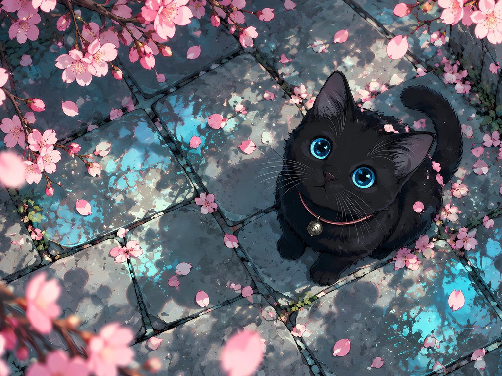 Black Cat Beneath Sakura Blossoms - XVGA wallpapers in 1024x768 resolution