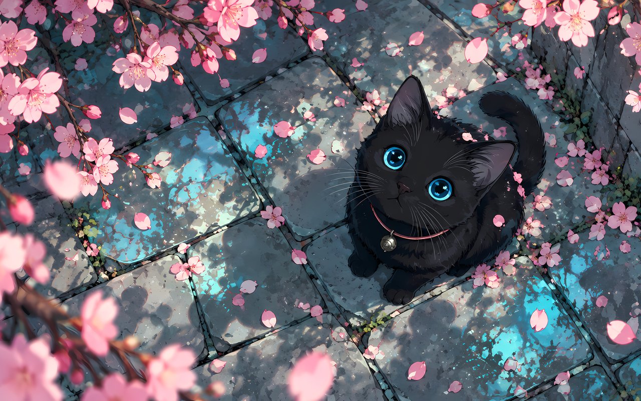 Black Cat Beneath Sakura Blossoms - WXGA_1280 wallpapers in 1280x800 resolution