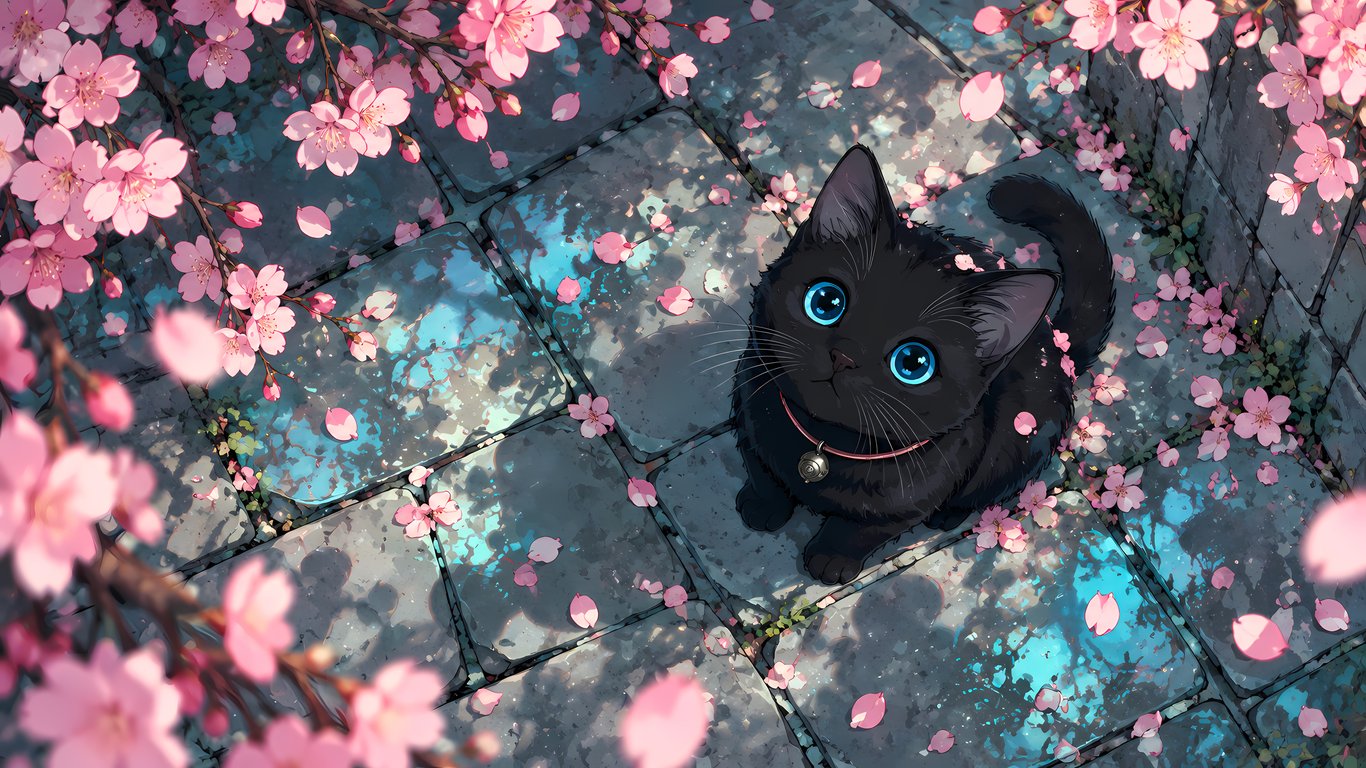 Black Cat Beneath Sakura Blossoms - Laptop Wallpapers in 1366x768 resolution