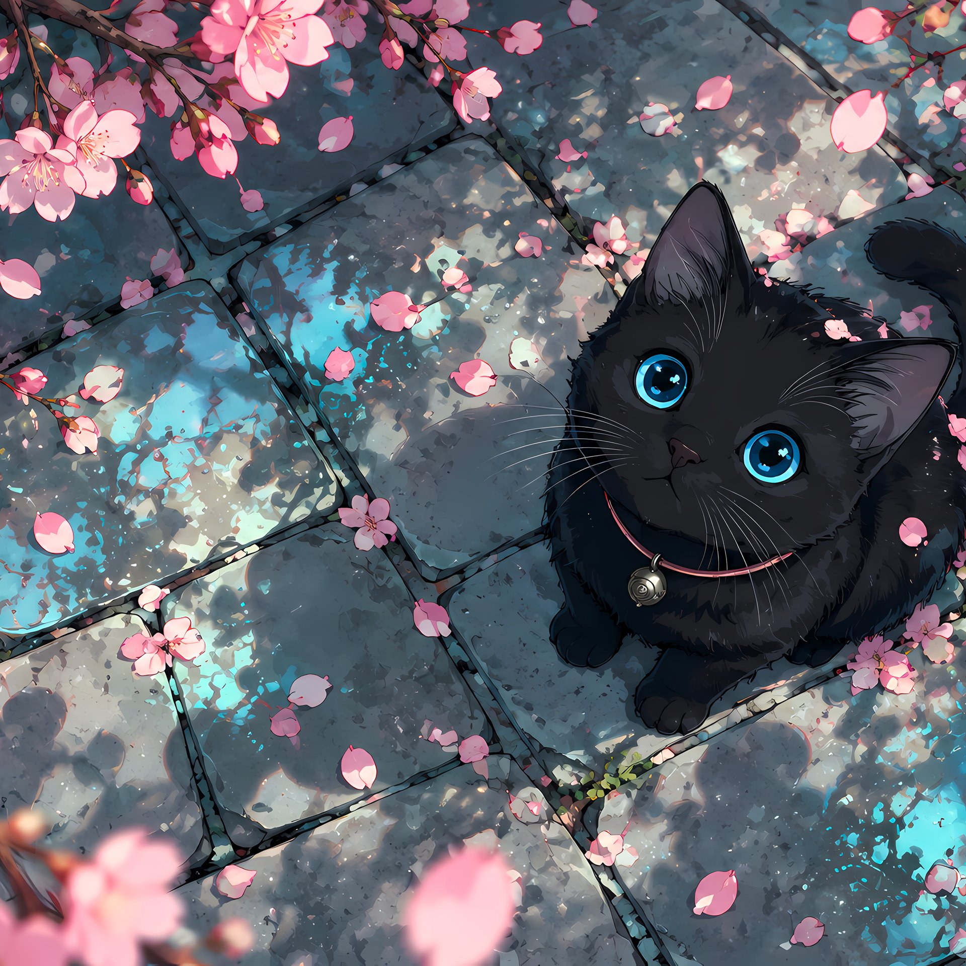 Black Cat Beneath Sakura Blossoms - Wallpapers for Samsung Galaxy Tab in 1920x1920 resolution