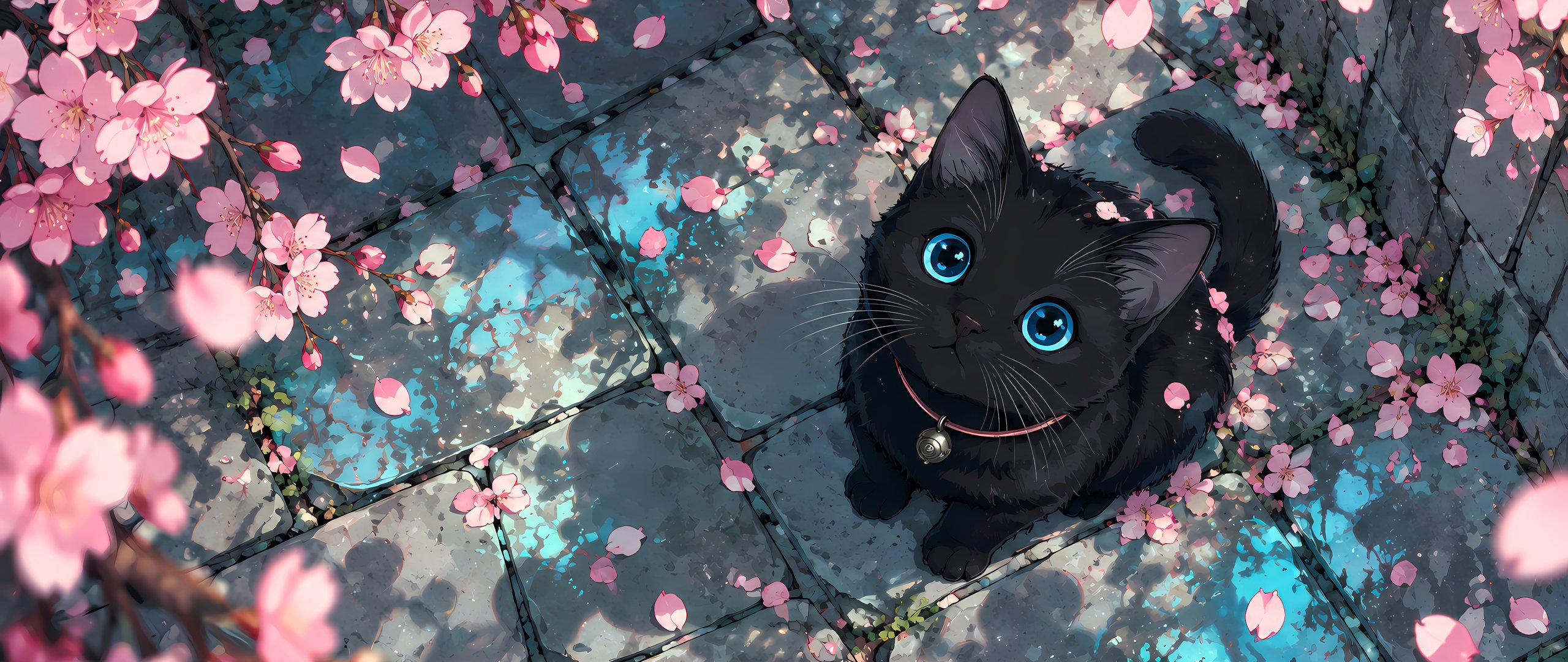 Black Cat Beneath Sakura Blossoms - UltraWide 21:9 wallpapers in 2560x1080 resolution