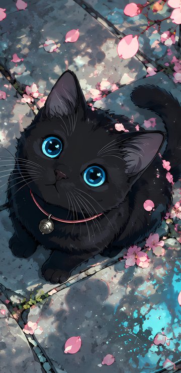 Black Cat Beneath Sakura Blossoms - Wallpapers for Samsung in 360x740 resolution