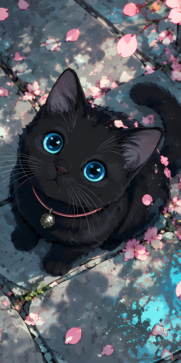Black Cat Beneath Sakura Blossoms - Wallpapers for Samsung Galaxy A03s, Xiaomi Redmi 7A, POCO C3 in 720x1440 resolution