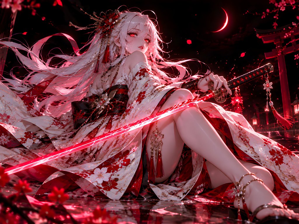 Anime Samurai Under a Crescent Moon - XVGA wallpapers in 1024x768 resolution
