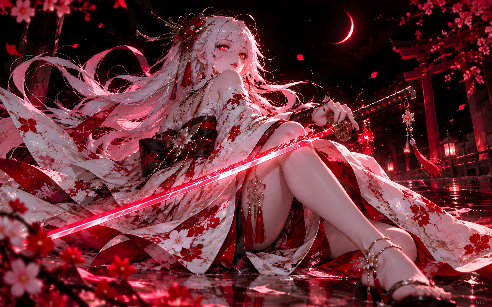 Anime Samurai Under a Crescent Moon - WUXGA wallpapers in 1920x1200 resolution