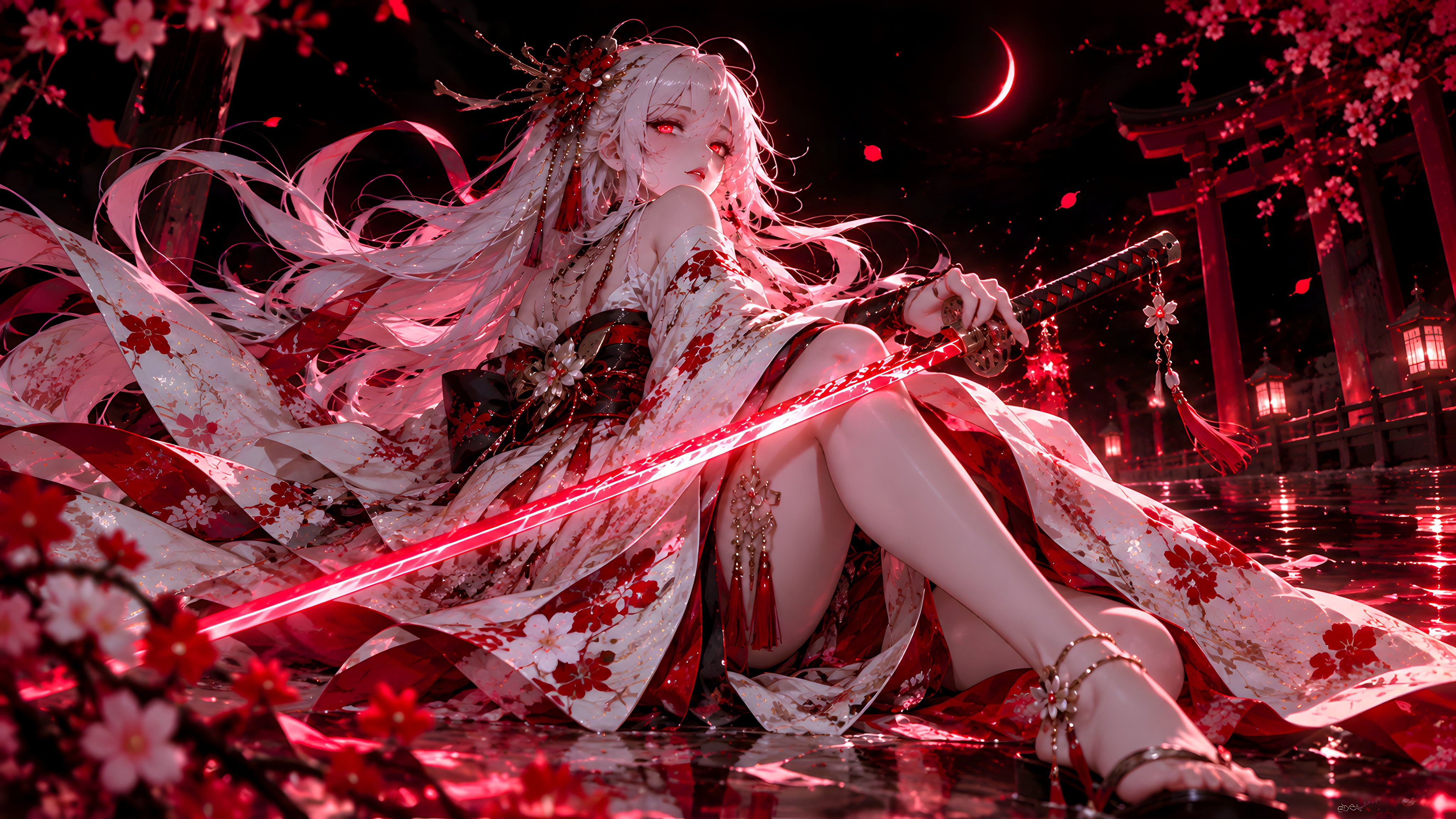 Anime Samurai Under a Crescent Moon - Wallpapers for Apple iMac 21.5″ in 4096x2304 resolution