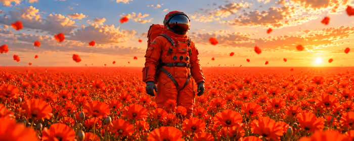 5K2K UltraWide 21:9 Spacesuit wallpapers (5120x2160): astronaut, poppies, field, sunset