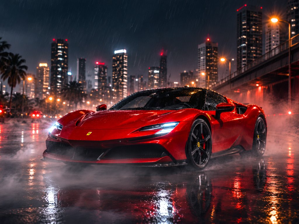 Ferrari SF90 Stradale ночью в Майами - XVGA обои в разрешении 1024x768