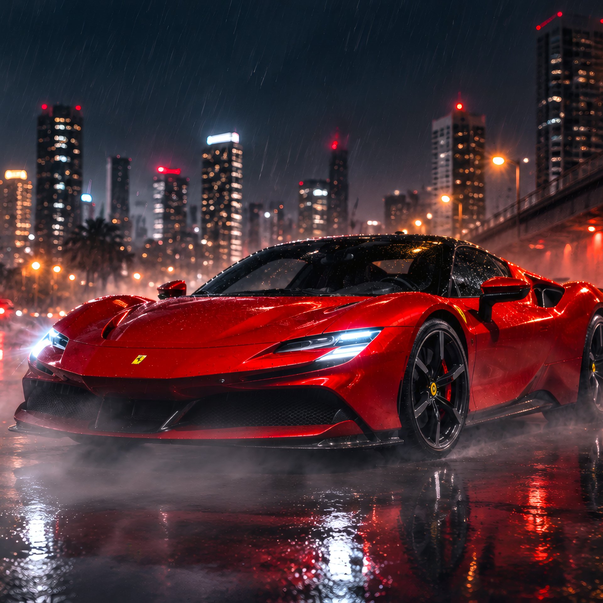 Ferrari SF90 Stradale ночью в Майами - Обои для Samsung Galaxy Tab в разрешении 1920x1920