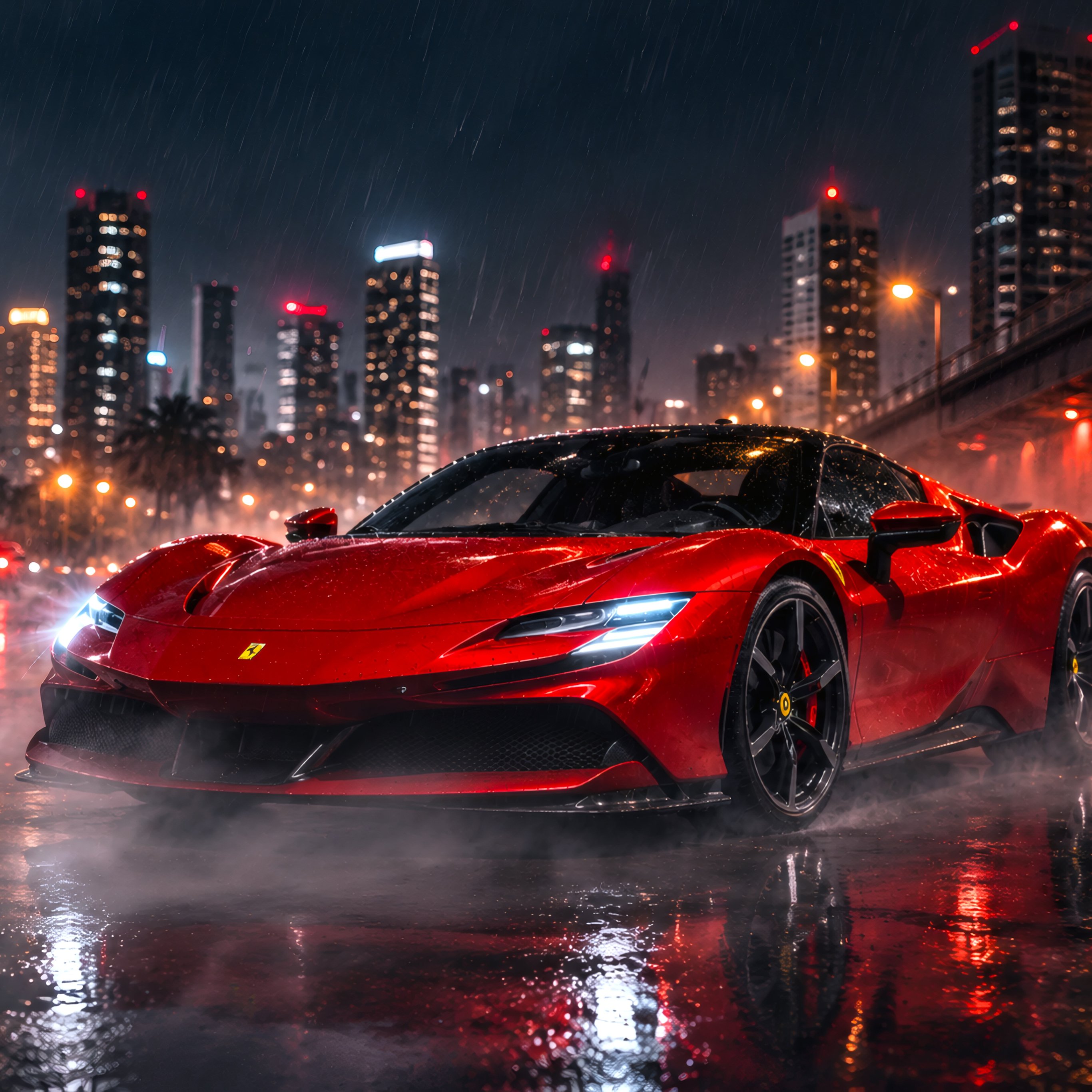 Ferrari SF90 Stradale ночью в Майами - Обои для iPad Pro 12.9″ в разрешении 2732x2732