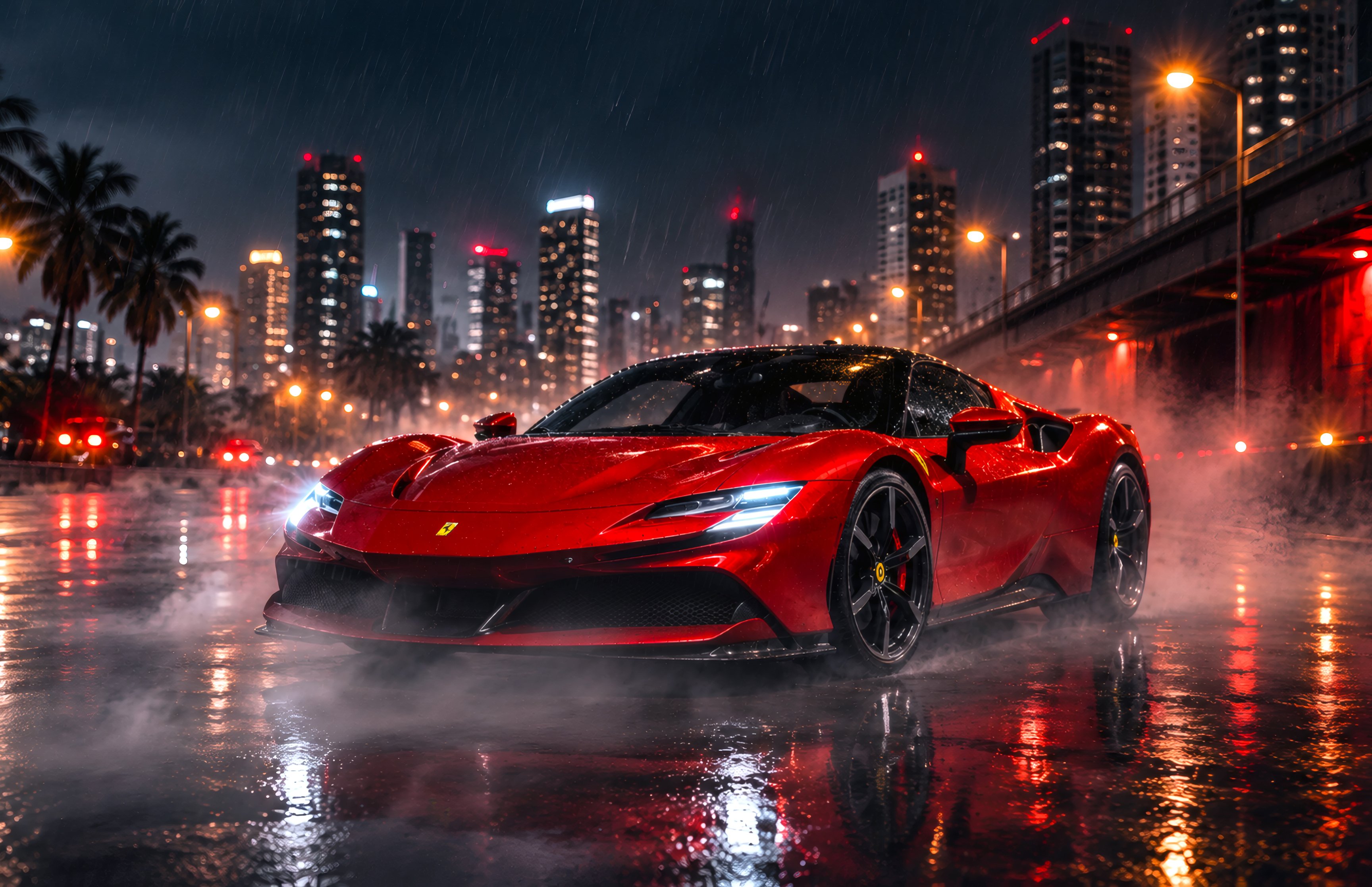 Ferrari SF90 Stradale ночью в Майами - Обои для Apple MacBook 16.2″ в разрешении 3456x2234