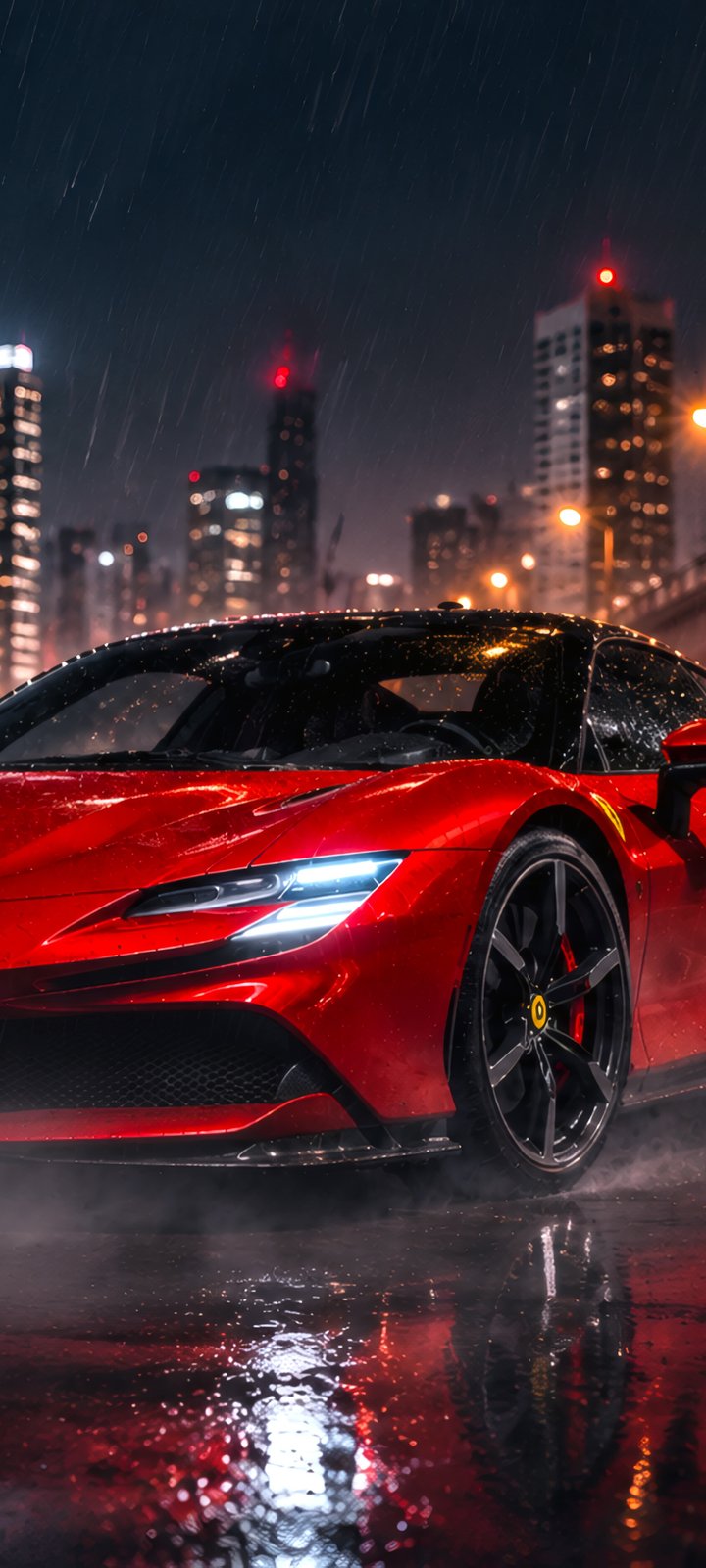 Ferrari SF90 Stradale ночью в Майами - Обои для Xiaomi Redmi 10C/C40/C51, Samsung Galaxy A12/A02s/A03/M12 в разрешении 720x1600