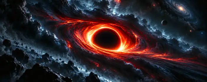 UltraWide 32:9 обои космос (5120x1440): черная дыра, аккреционный диск, туманность, горизонт событий