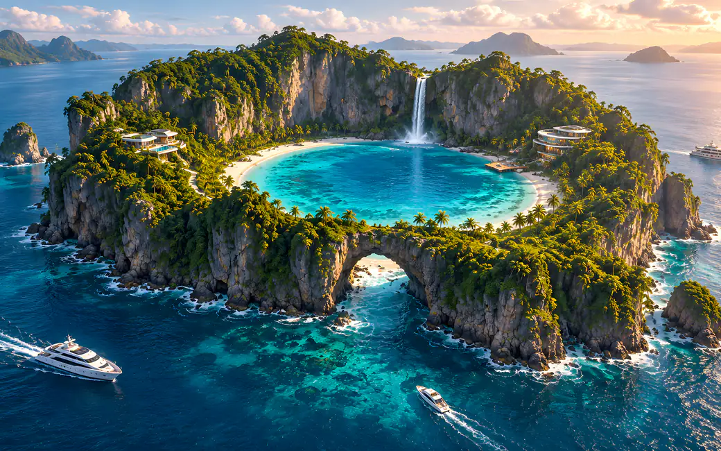 Tropical island ring with villas — desktop and phone wallpaper, free download