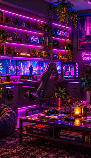 PC Wallpapers for Xiaomi Redmi 10C/C40/C51, Samsung Galaxy A12/A02s/A03/M12 (720x1600): gaming room, monitor, console, neon