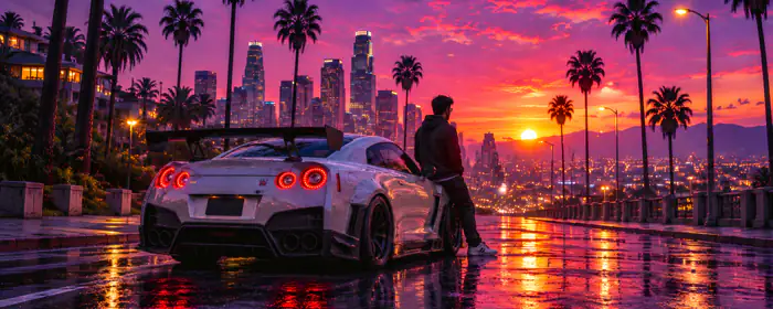 UltraWide 32:9 Clouds wallpapers (3840x1080): Nissan GTR R35, Los Angeles, colorful sunset, rain