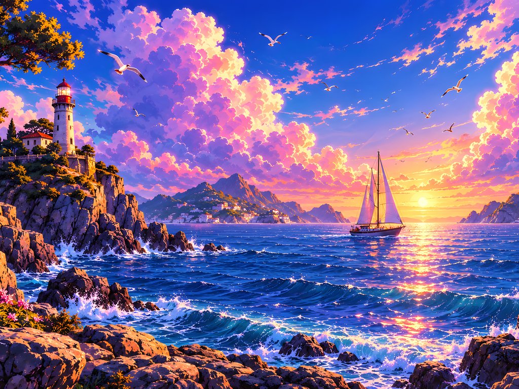 Lighthouse Over the Sunset Coast - XVGA wallpapers in 1024x768 resolution