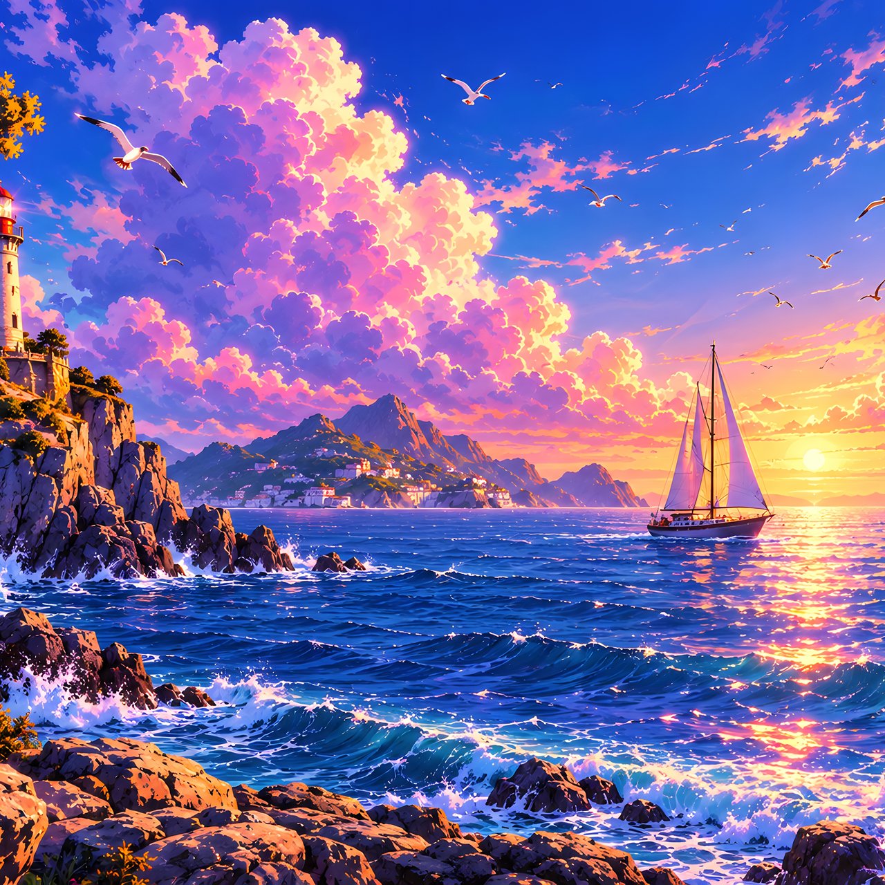 Lighthouse Over the Sunset Coast - Wallpapers for Lenovo, Huawei in 1280x1280 resolution
