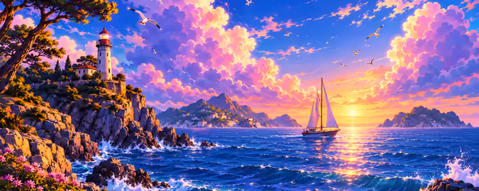 Обои облака для двух мониторов (7680x2160): маяк, море, парусник, красочный закат