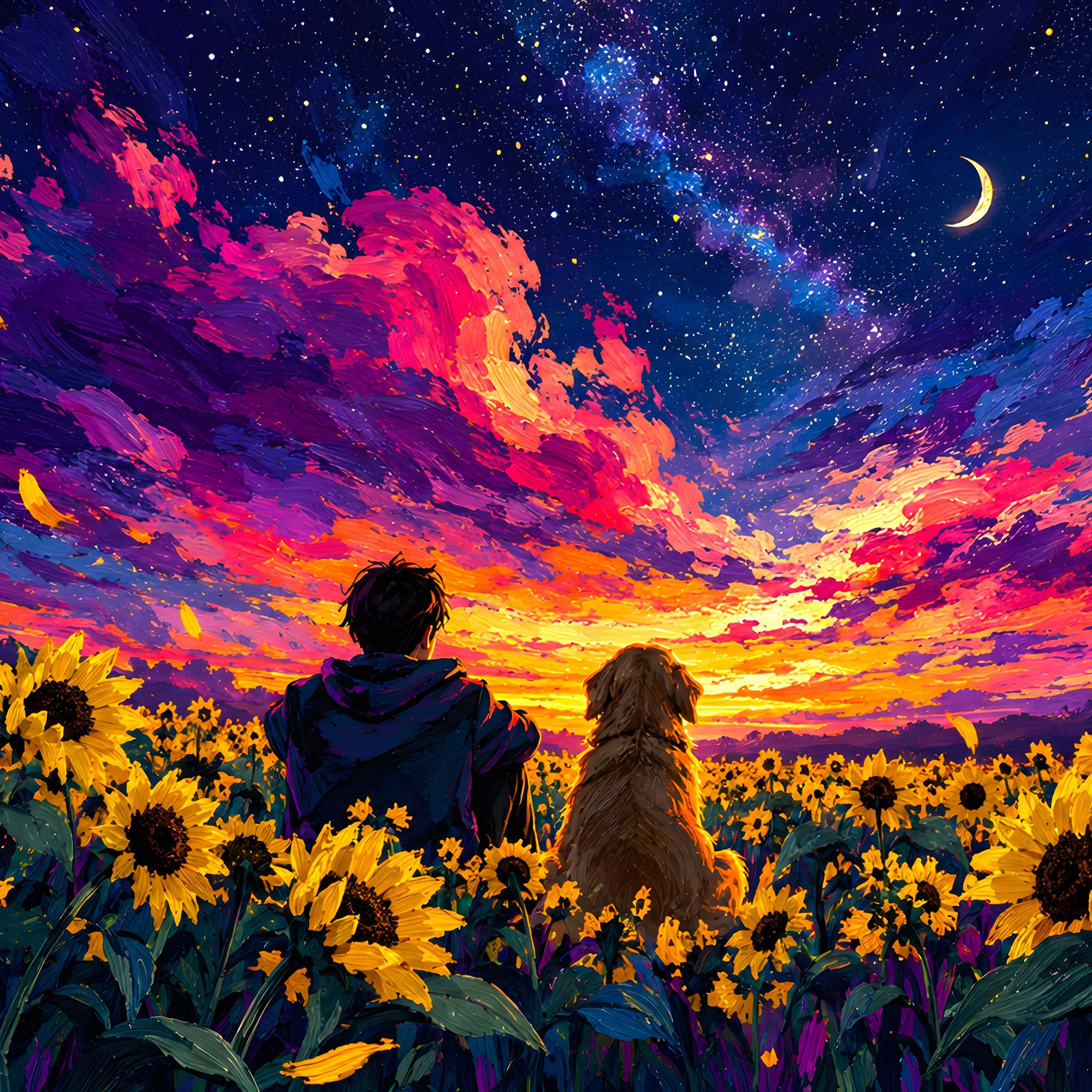 Man and a dog enjoy the sunset - Wallpapers for Samsung/Xiaomi in 2000x2000 resolution