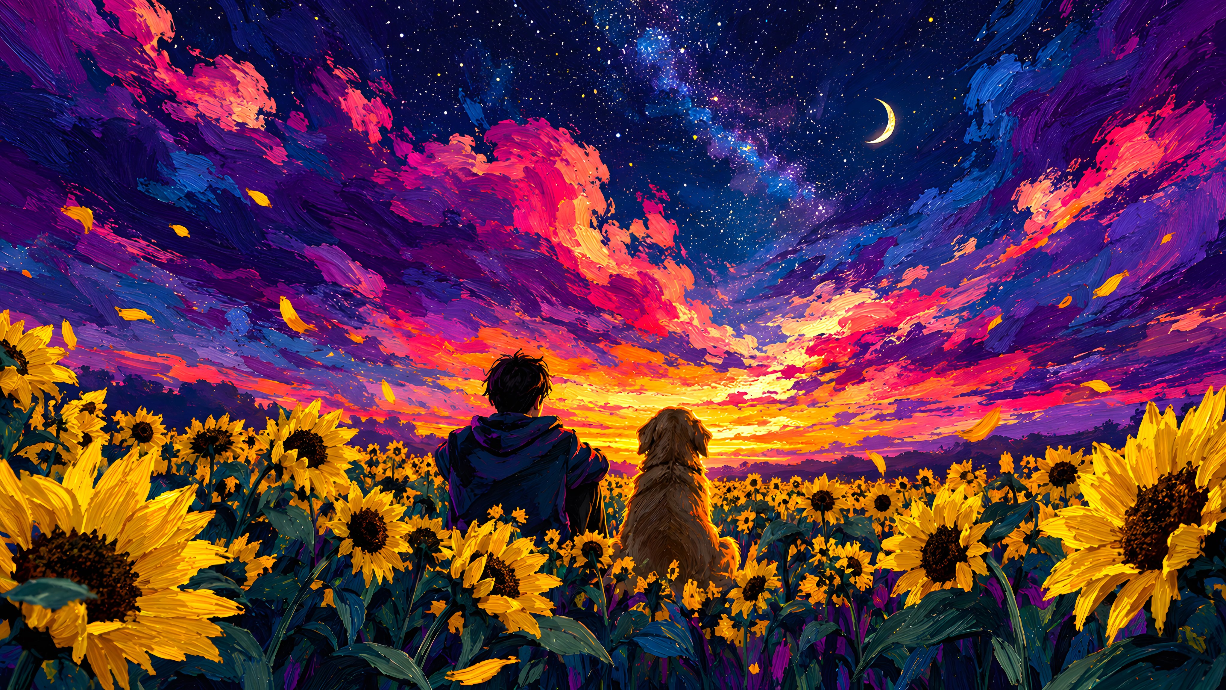 Man and a dog enjoy the sunset - Wallpapers for Apple iMac 21.5″ in 4096x2304 resolution