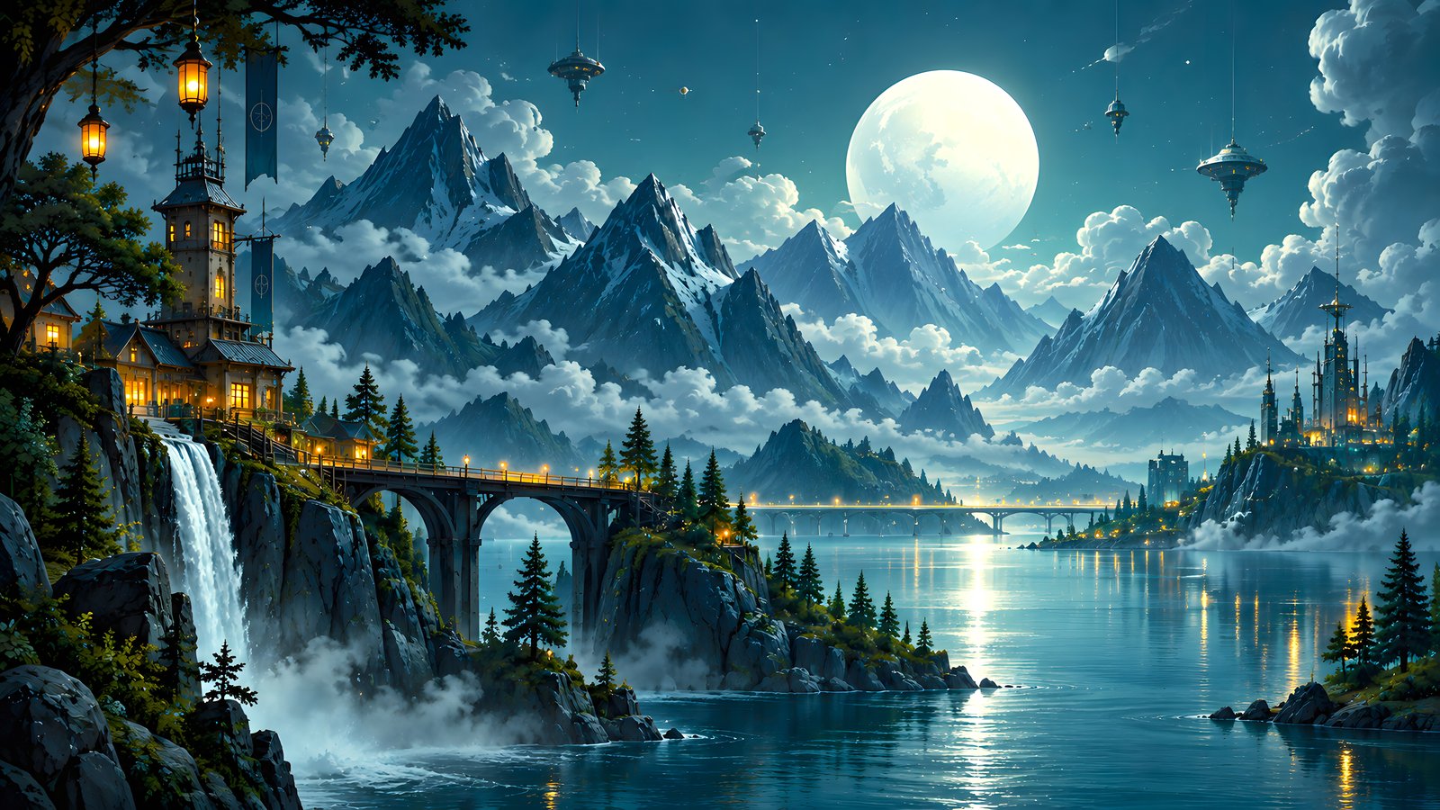 Moonlit Castle Valley Landscape - wXGA++ wallpapers in 1600x900 resolution